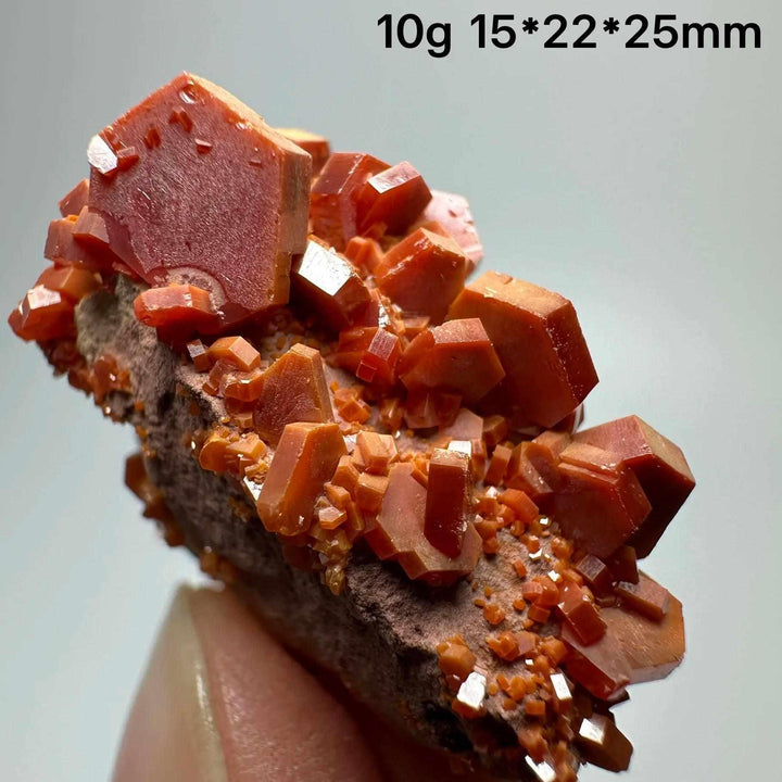 Vivid red hexagonal Vanadinite crystal specimen on natural matrix, perfect for Root Chakra energy and mineral collections.