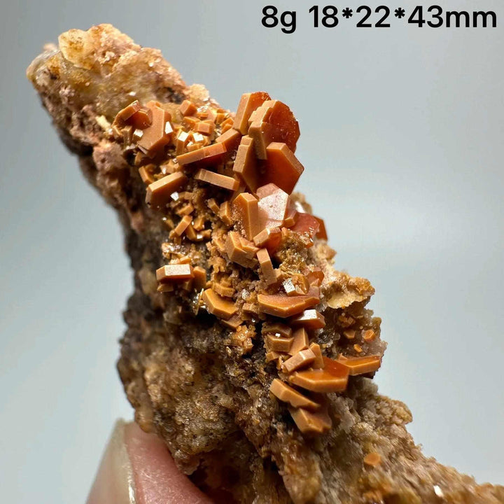 Vivid red hexagonal Vanadinite crystal specimen on natural matrix, perfect for Root Chakra energy and mineral collections.