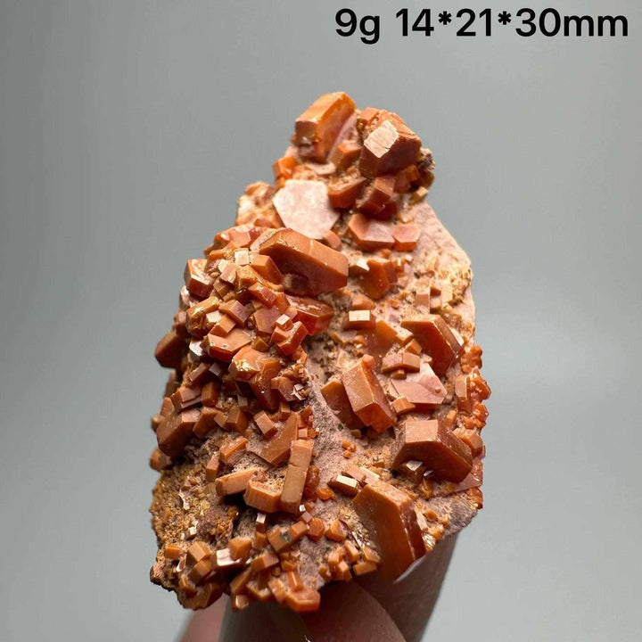 Vivid red hexagonal Vanadinite crystal specimen on natural matrix, perfect for Root Chakra energy and mineral collections.