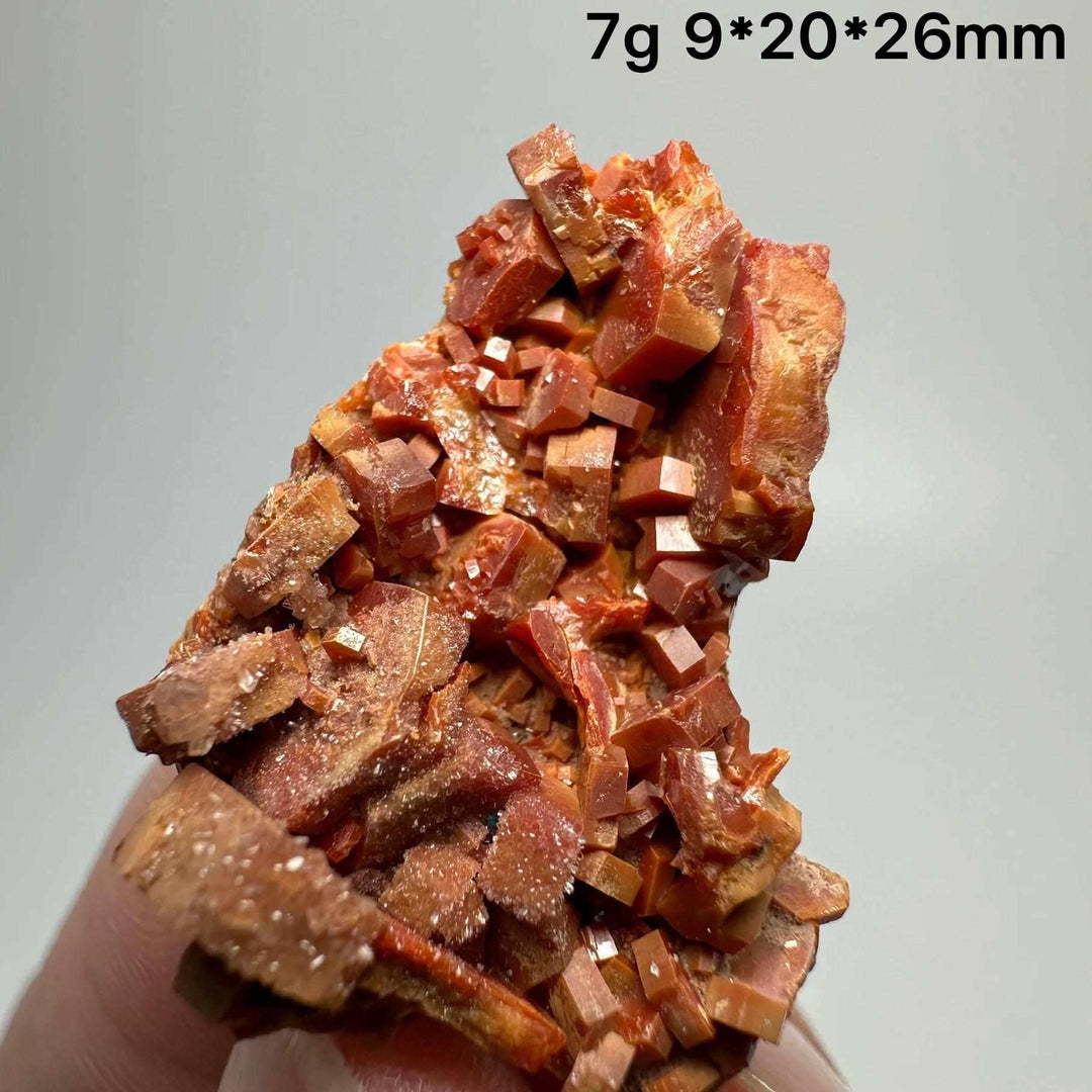 Vivid red hexagonal Vanadinite crystal specimen on natural matrix, perfect for Root Chakra energy and mineral collections.