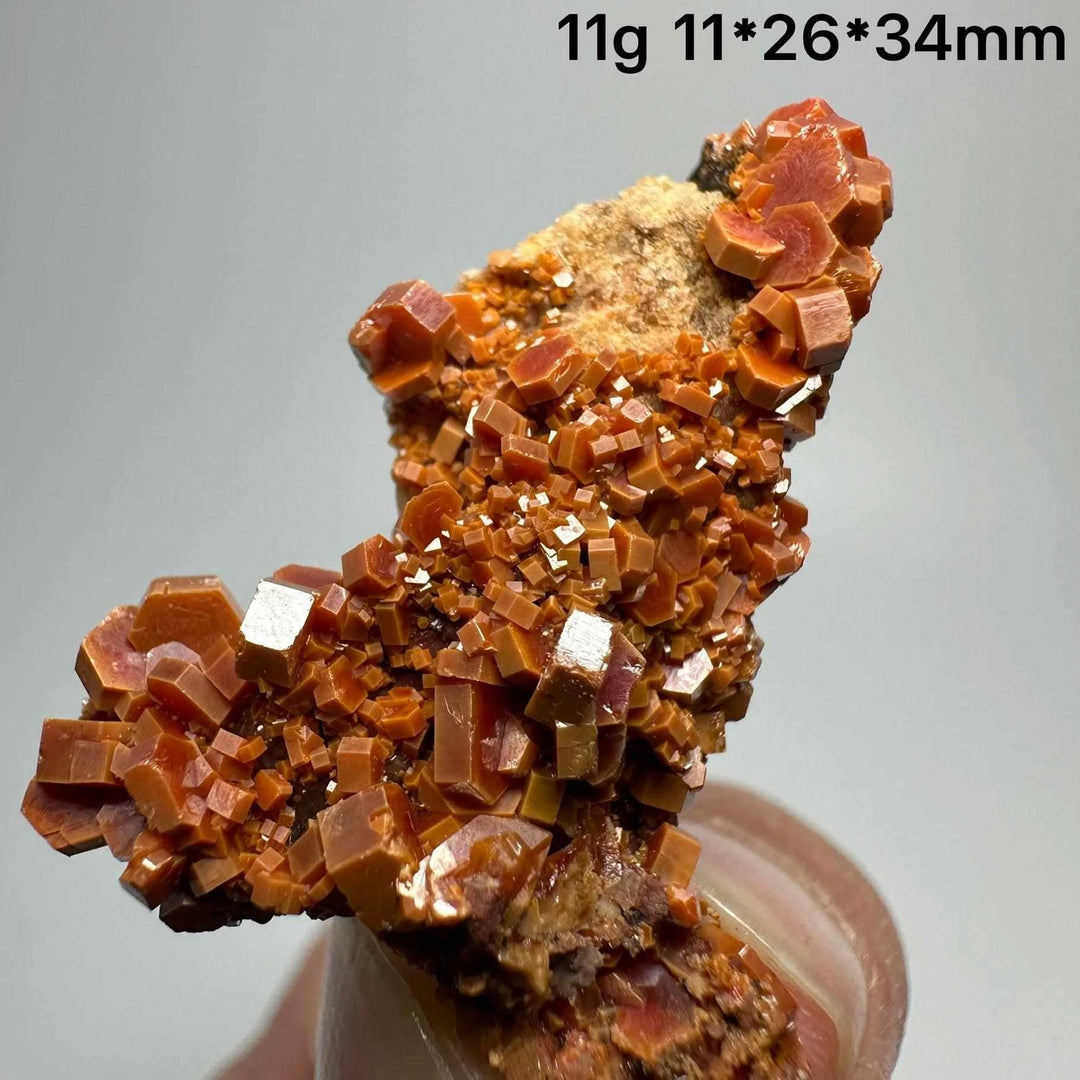 Vivid red hexagonal Vanadinite crystals on a natural matrix, perfect for Root Chakra energy and mineral display collections.