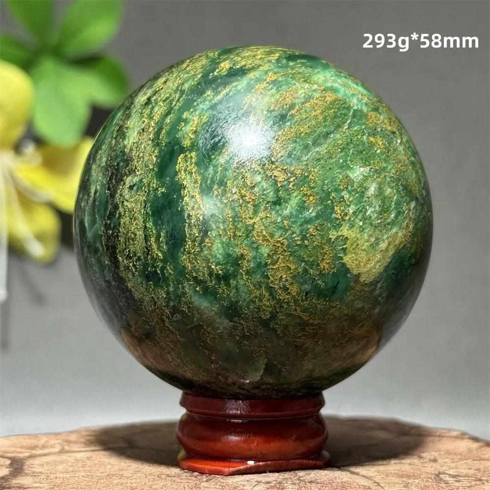 Polished 58mm verdite sphere in deep green with natural shading, perfect for Heart Chakra grounding and steady growth.