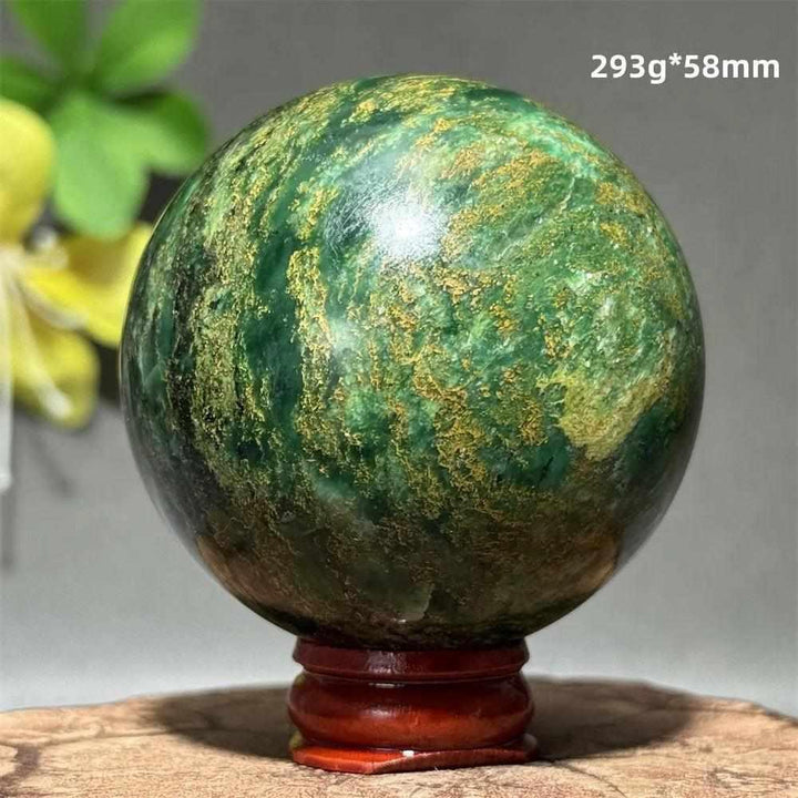 Polished 58mm verdite sphere in deep green with natural shading, perfect for Heart Chakra grounding and steady growth.