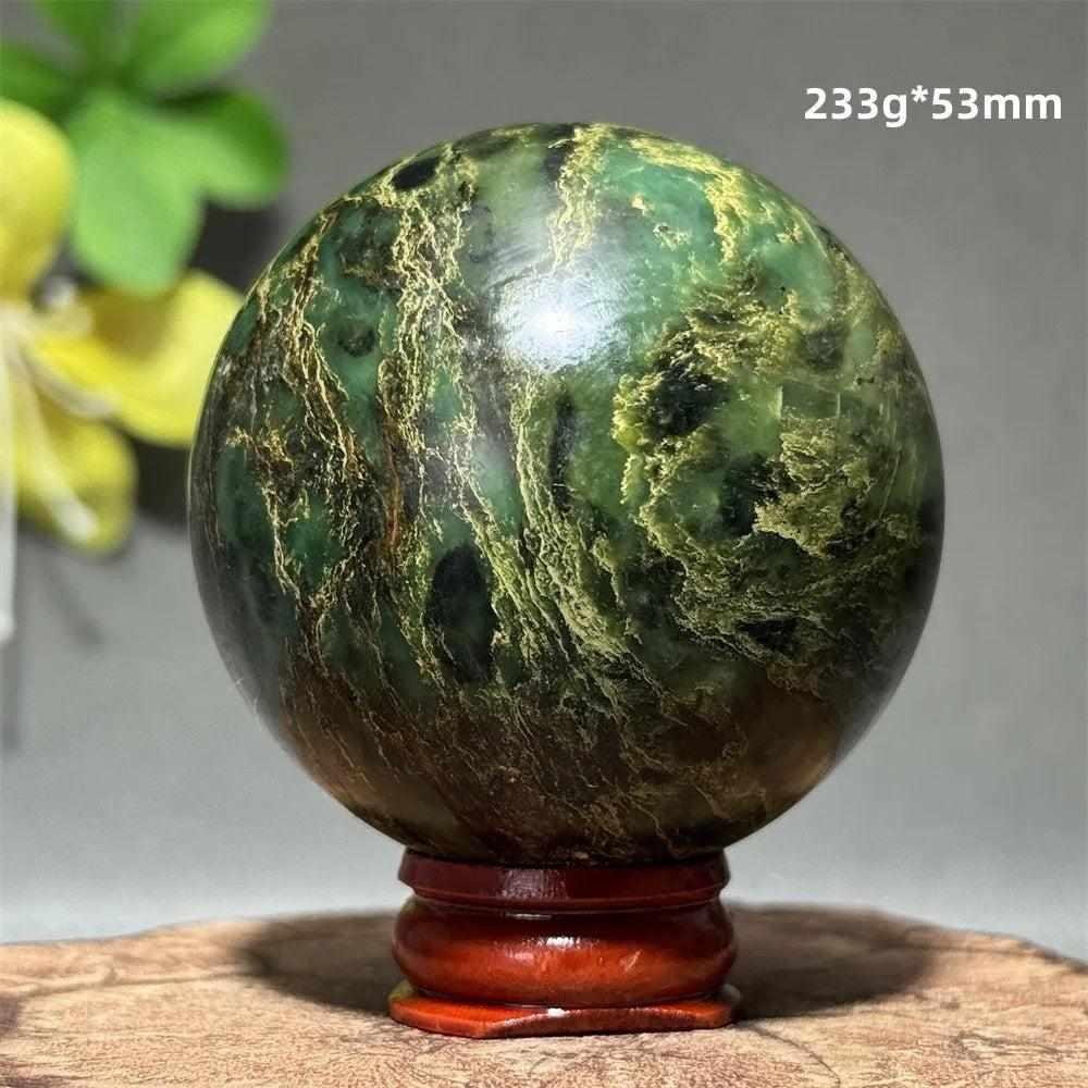 Polished deep green Verdite sphere with natural shading, 53mm, 233g, perfect for grounding and heart chakra meditation.