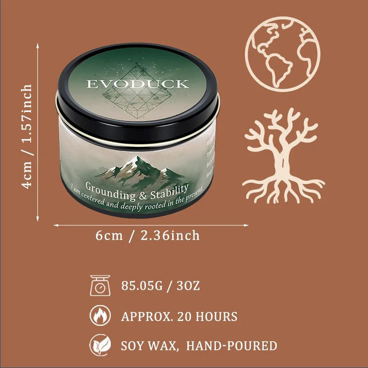 Vetiver Cedarwood crystal-infused intention candle in a 3oz tin, featuring a grounding mountain design.