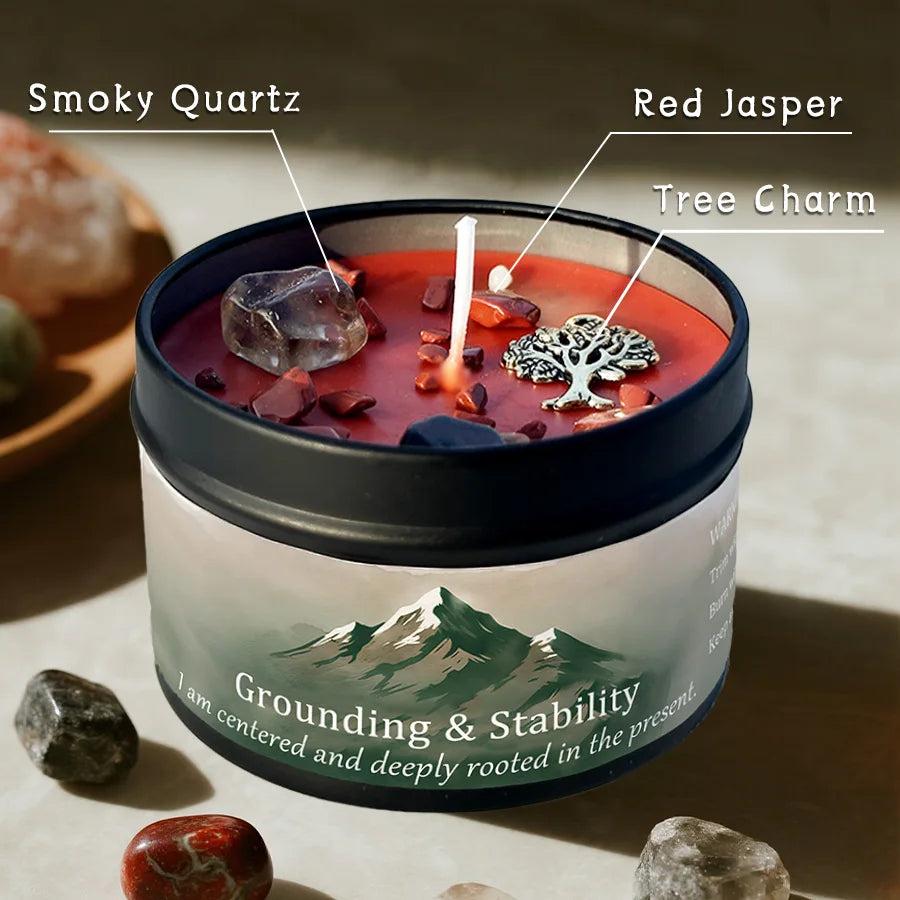 Vetiver Cedarwood crystal-infused candle in a 3oz tin with Smoky Quartz, Red Jasper, and a tree charm for grounding.