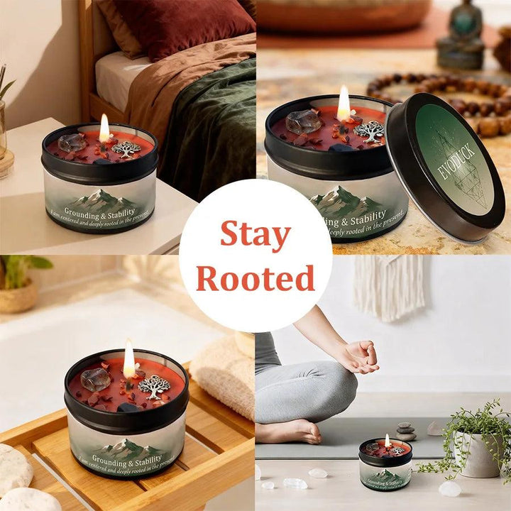 Vetiver Cedarwood "Grounding & Stability" intention candle with red crystals, a tree charm, and a warm glow.