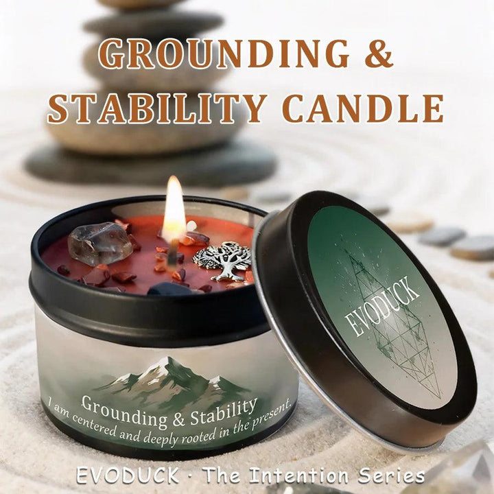 Vetiver Cedarwood Grounding & Stability Candle with smoky quartz, black tourmaline, and tree charm in a tin.