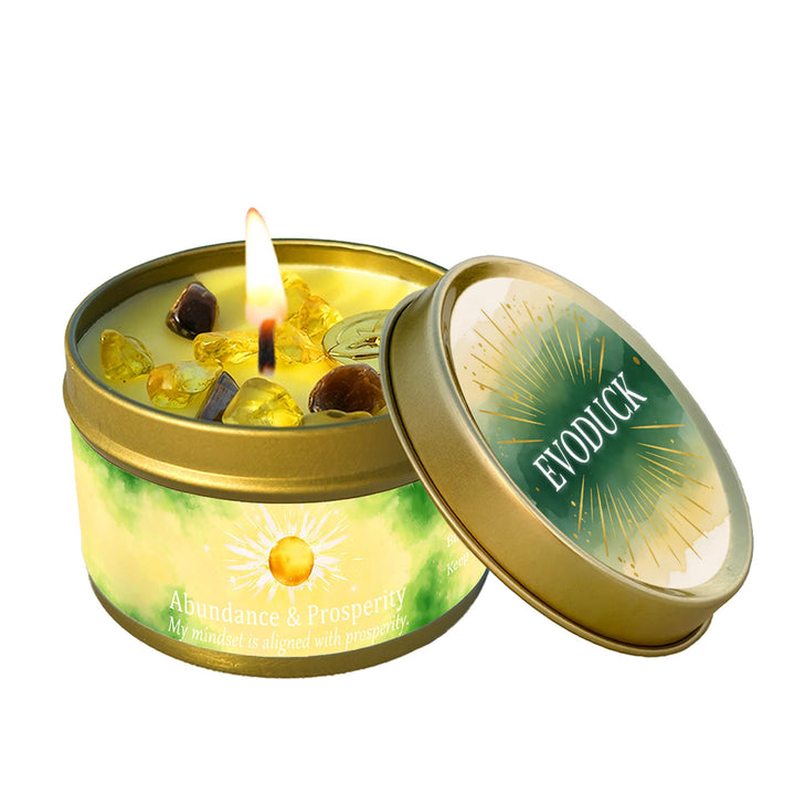 Vetiver Cedarwood crystal-infused intention candle tin with citrine and tiger's eye for abundance.