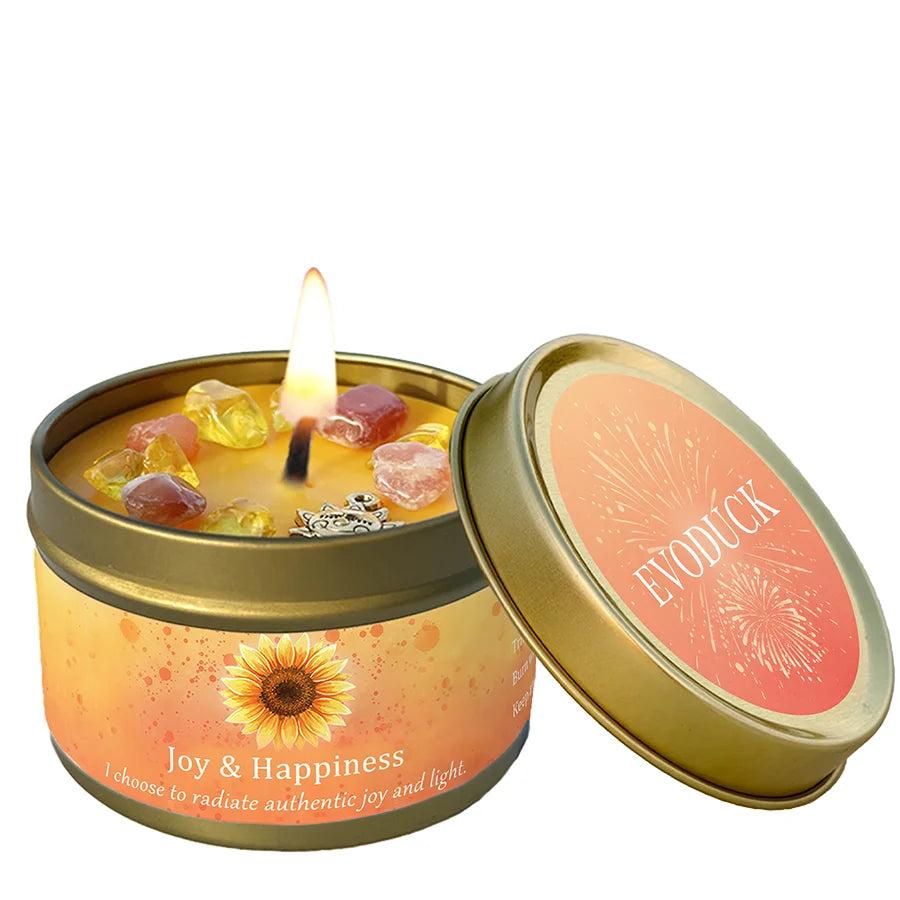 Vetiver Cedarwood "Joy & Happiness" intention candle in a gold tin, infused with citrine and rose quartz crystals.