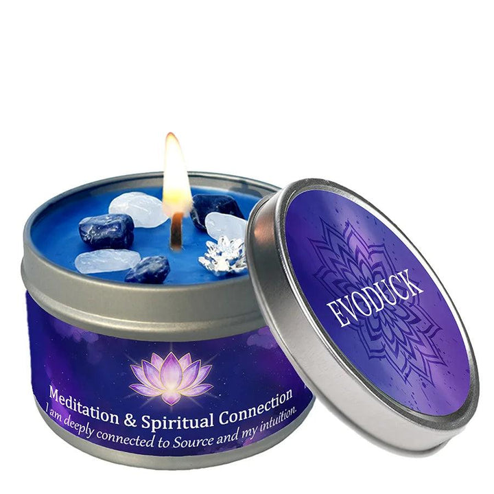 Vetiver Cedarwood crystal-infused intention candle tin with blue wax, clear quartz, and sodalite for spiritual connection.