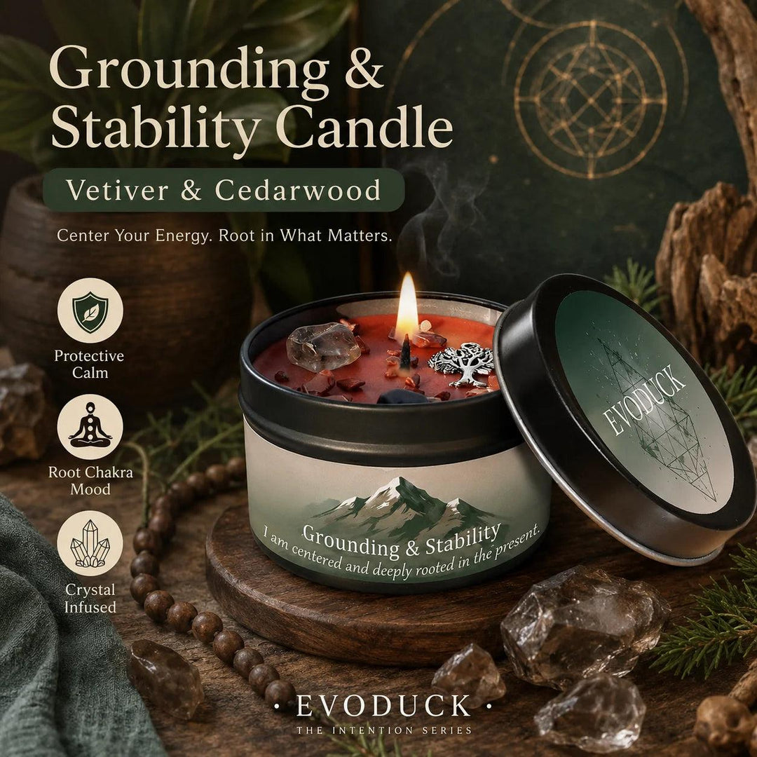 Vetiver Cedarwood Grounding & Stability candle tin with smoky quartz crystals, a lit wick, and tree charm.