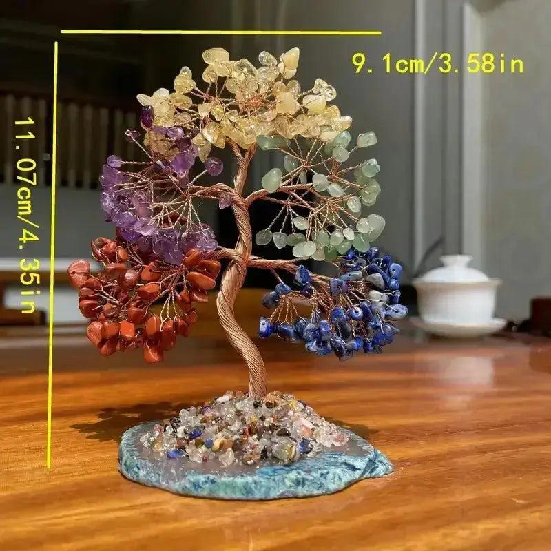 Handcrafted 7 Chakras Bonsai Tree, 110mm tall, with colorful mixed gemstone leaves on a wire trunk and stone base.