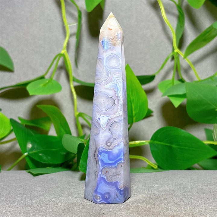Violet Line Agate Tower Crystal, a natural stone quartz for home decoration, Reiki, and energy healing.