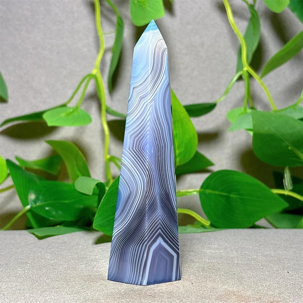 Violet Line Agate Tower Crystal, a natural stone quartz obelisk for home decoration and energy healing.