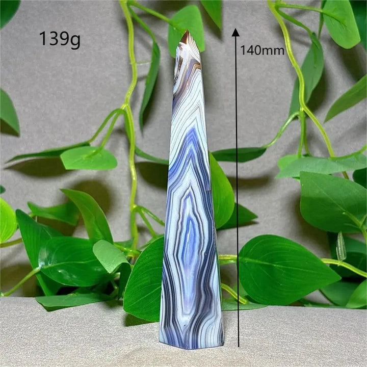 Violet Line Agate Tower Crystal, 140mm, 139g, natural stone for home decor, Reiki, and energy healing.