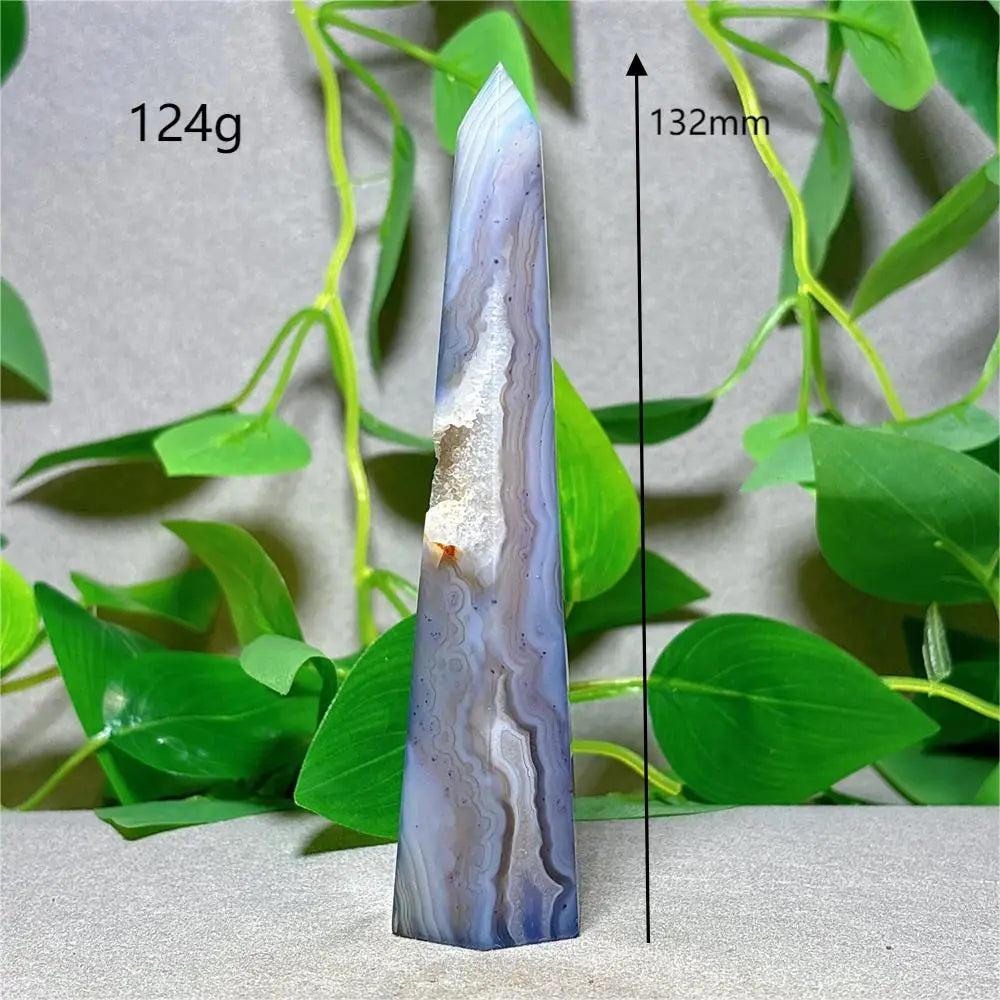Violet Line Agate Tower Crystal, 132mm, 124g. Natural stone quartz for Reiki healing and home decoration.