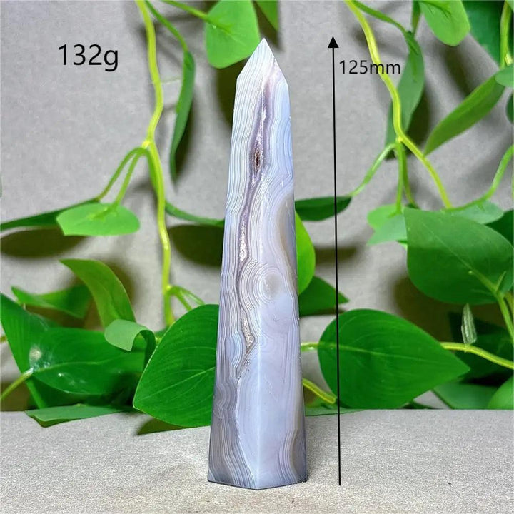 Violet Line Agate Tower Crystal, 125mm, 132g. Natural stone quartz for reiki, healing, and home decor.