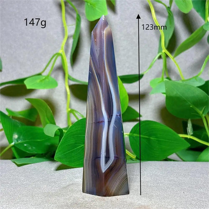 Violet Line Agate Tower Crystal, 123mm, 147g. Natural stone quartz for home decor, reiki, and energy healing.