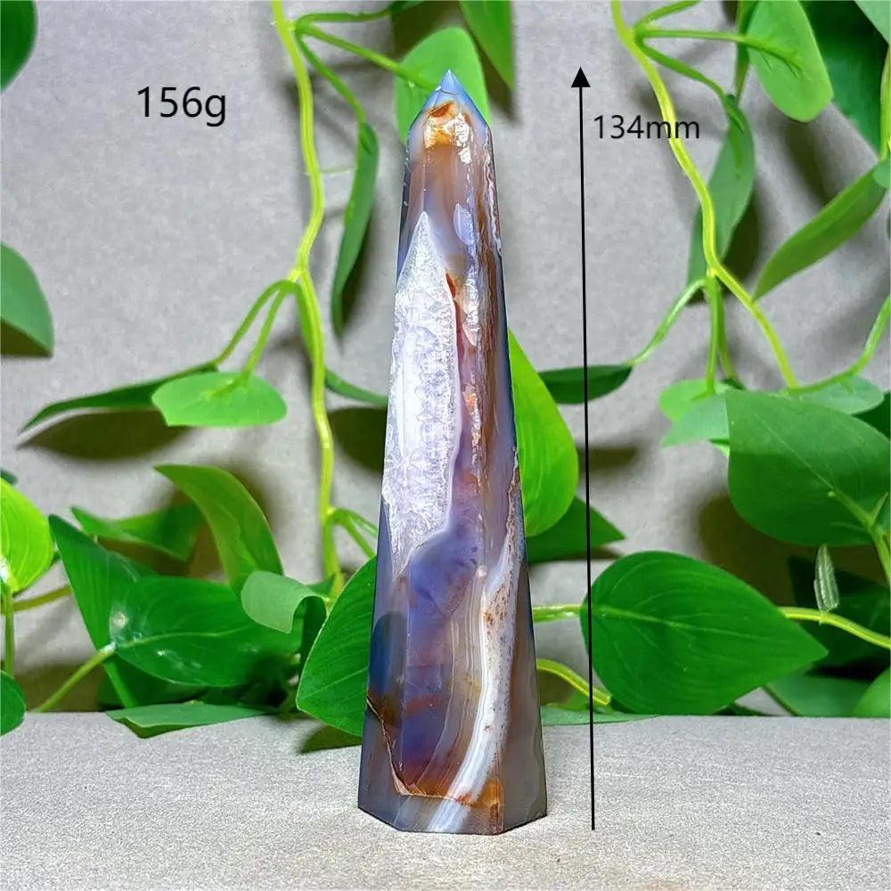 Violet Line Agate Tower Crystal, 134mm, 156g. Natural stone quartz for home decor, Reiki, and energy healing.