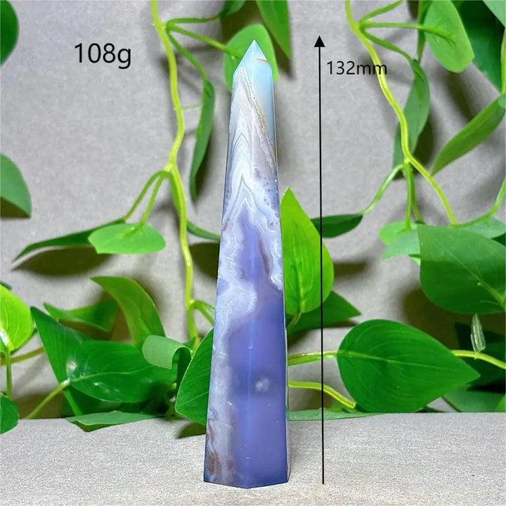 Violet Line Agate Tower Crystal, 132mm natural stone quartz for home decoration, Reiki, and energy healing.