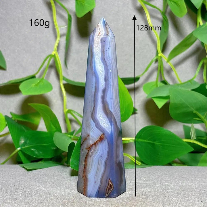 Violet Line Agate Tower Crystal, 128mm, 160g. Natural stone quartz for home decoration, Reiki, and energy healing.