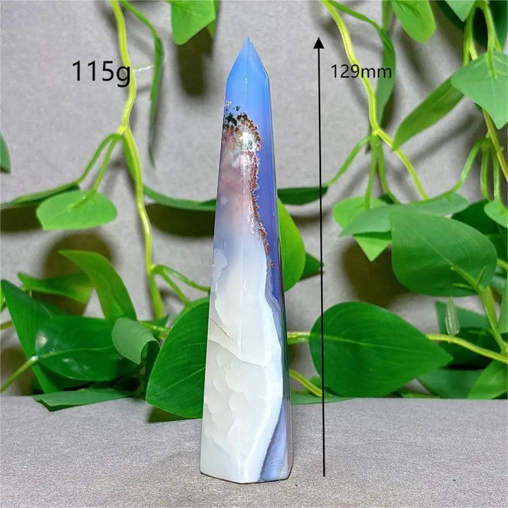 Violet Line Agate Tower Crystal, 129mm, 115g, natural stone quartz for home decor, reiki, and energy healing.