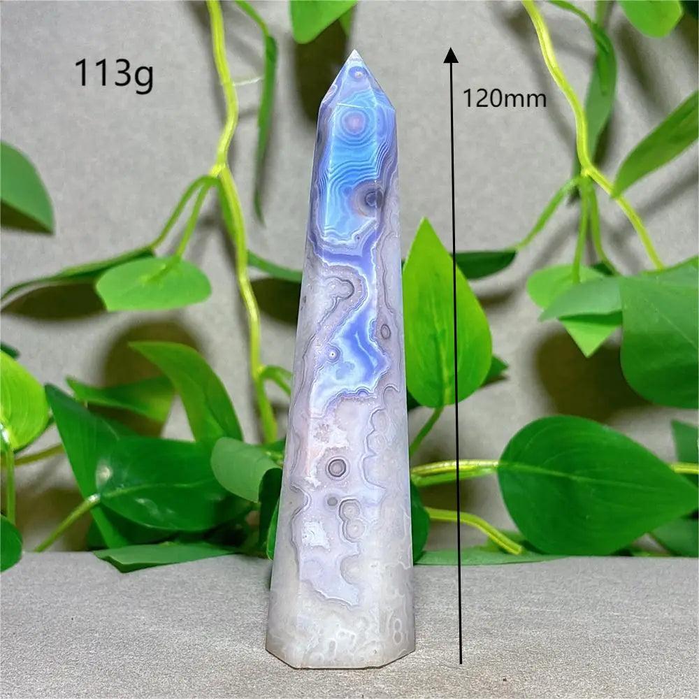 Violet Line Agate Tower Crystal, 120mm, 113g, natural stone for Reiki, healing, and home decoration.