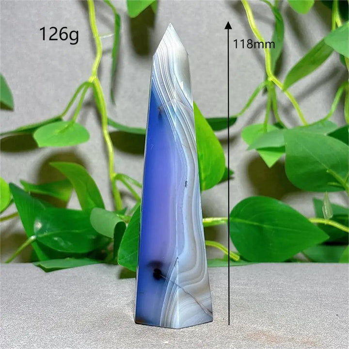 Violet Line Agate Tower Crystal, 118mm, 126g. Natural stone quartz for home decor, Reiki, and energy healing.