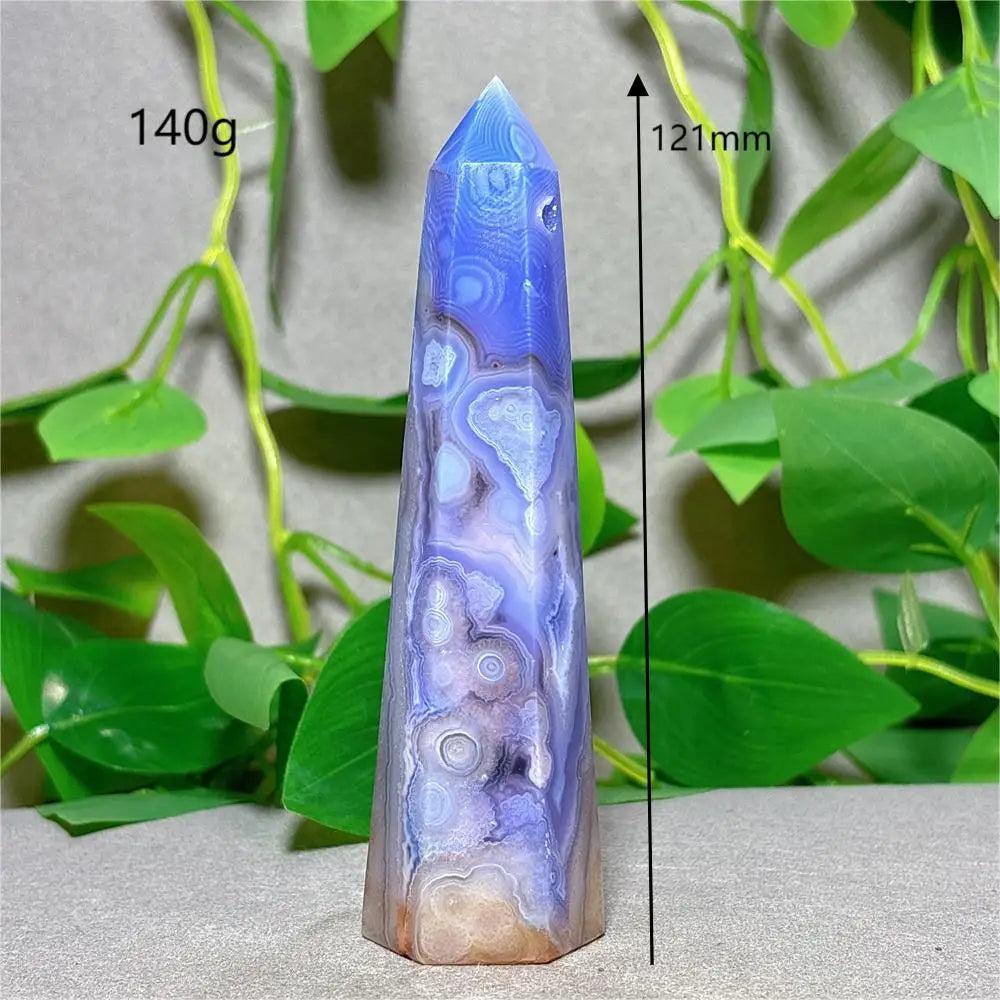 Violet Line Agate Tower Crystal, 121mm, 140g. Natural stone quartz for reiki, healing, and home decor.