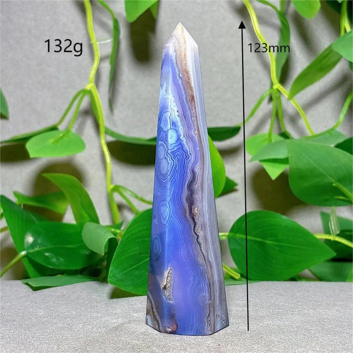 Violet Line Agate Tower, 123mm, 132g natural stone for reiki, healing, and home decor.