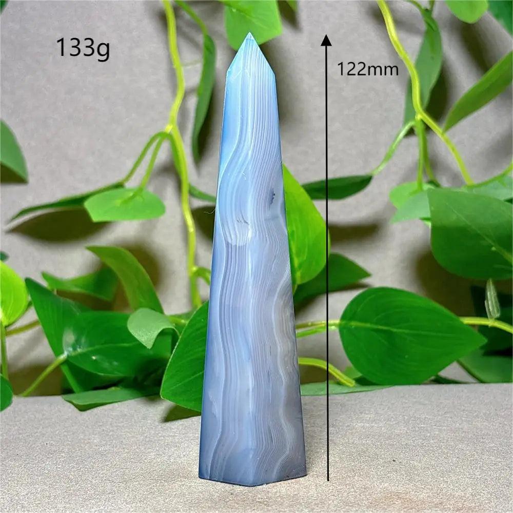 Violet Line Agate Tower Crystal, 122mm natural stone quartz for reiki, healing, and home decor.