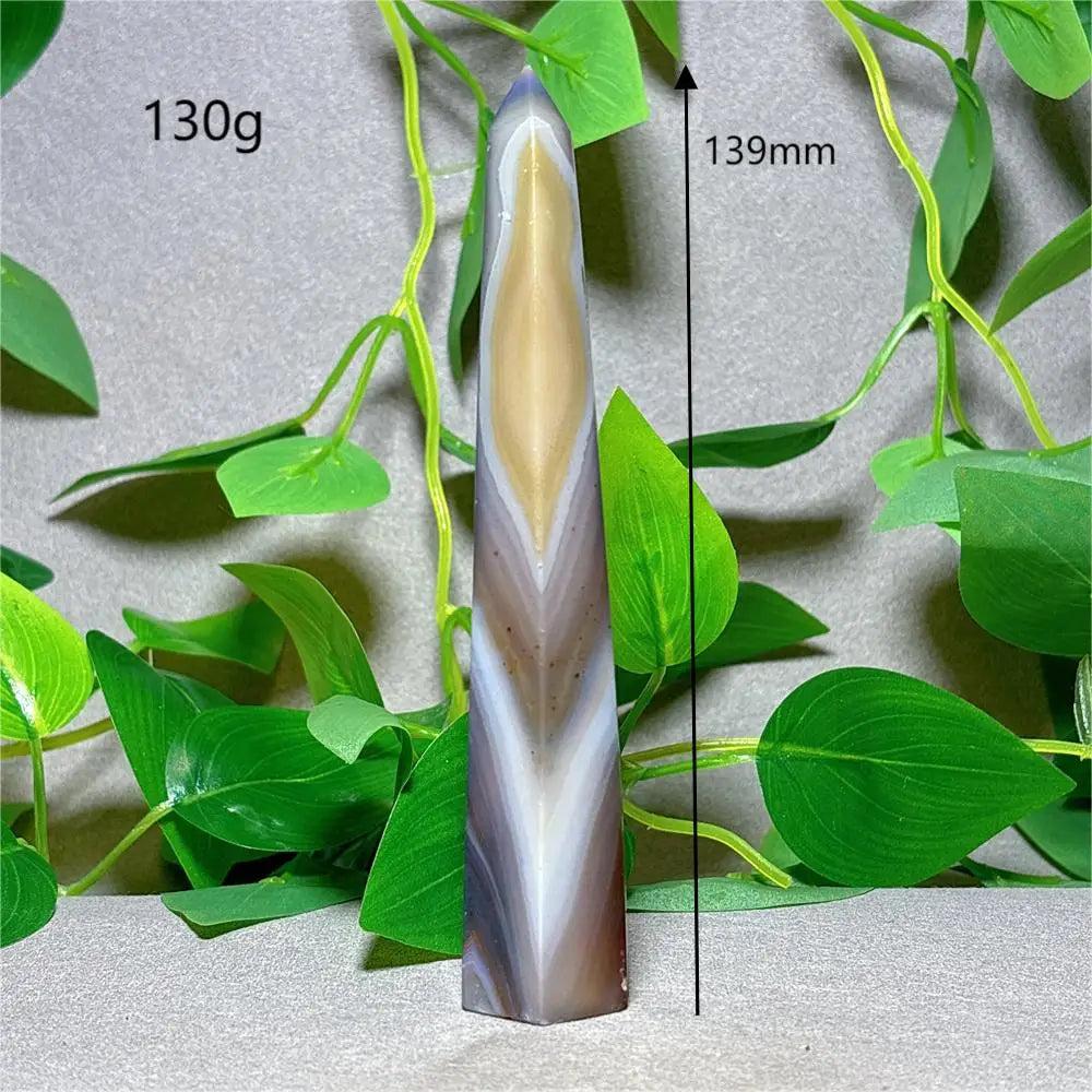 Violet Line Agate Tower Crystal, 139mm, 130g, natural stone quartz for home decoration, Reiki, and energy healing.
