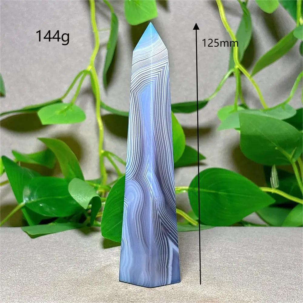 Violet Line Agate Tower Crystal, 125mm tall, 144g, natural stone for reiki, healing, and home decor.