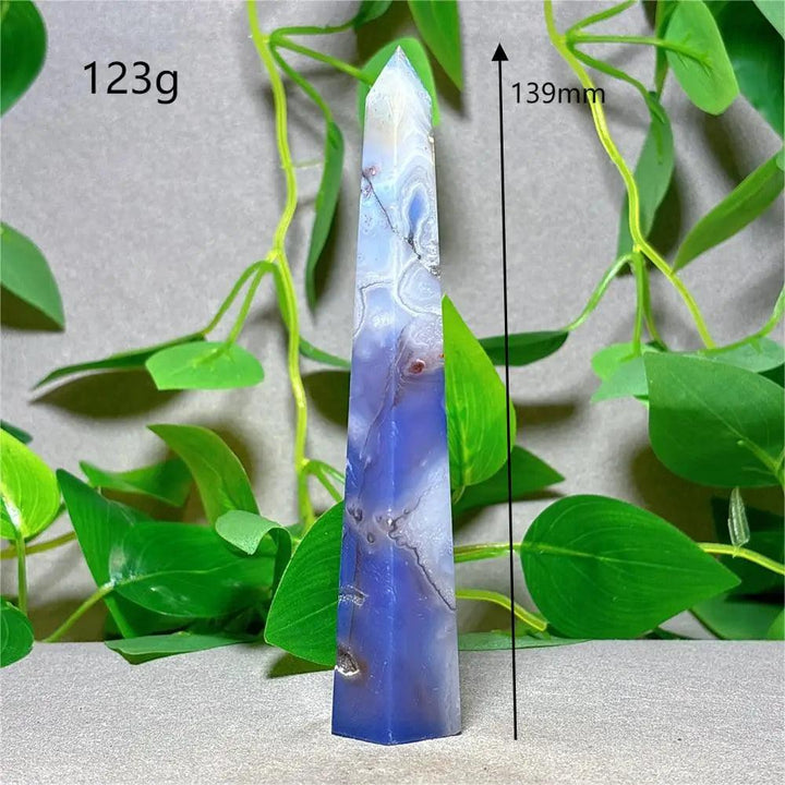 Violet Line Agate Tower Crystal, 139mm, 123g. Natural stone quartz for Reiki, healing, and home decoration.