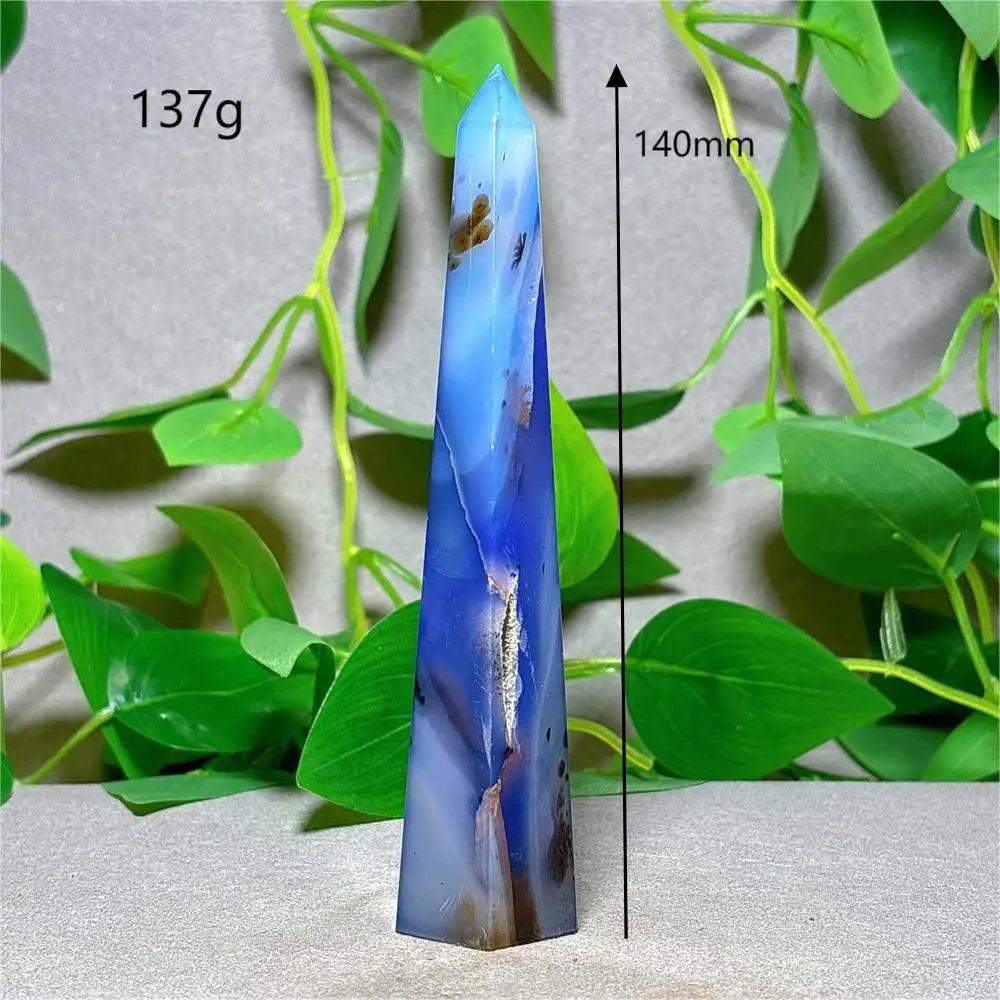 Violet Line Agate Tower Crystal, 140mm, 137g, natural blue quartz stone for reiki healing and home decor.