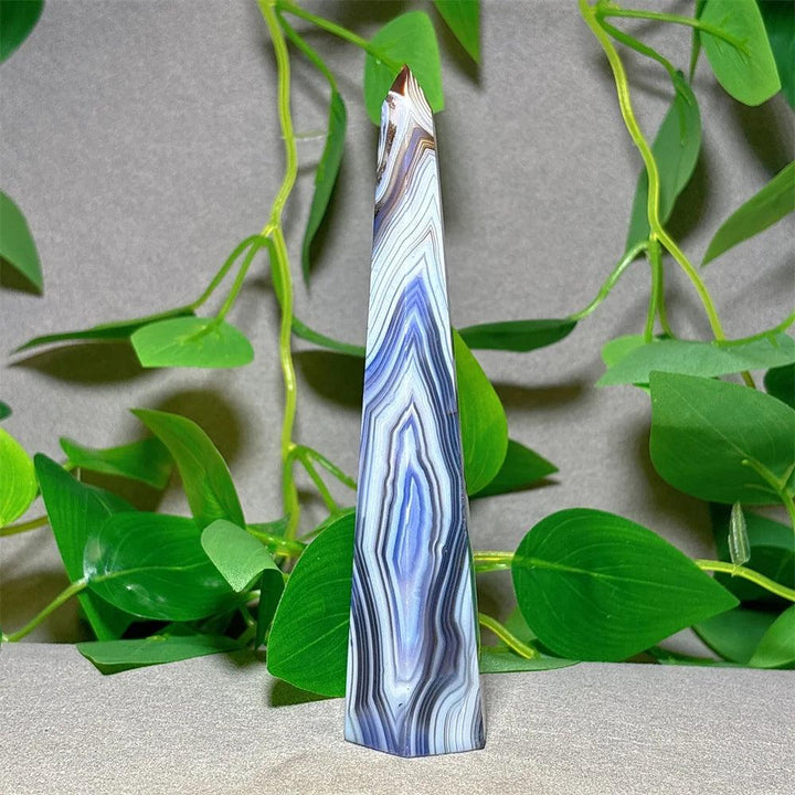 Violet Line Agate Tower Crystal, natural stone quartz for energy healing and home decoration.