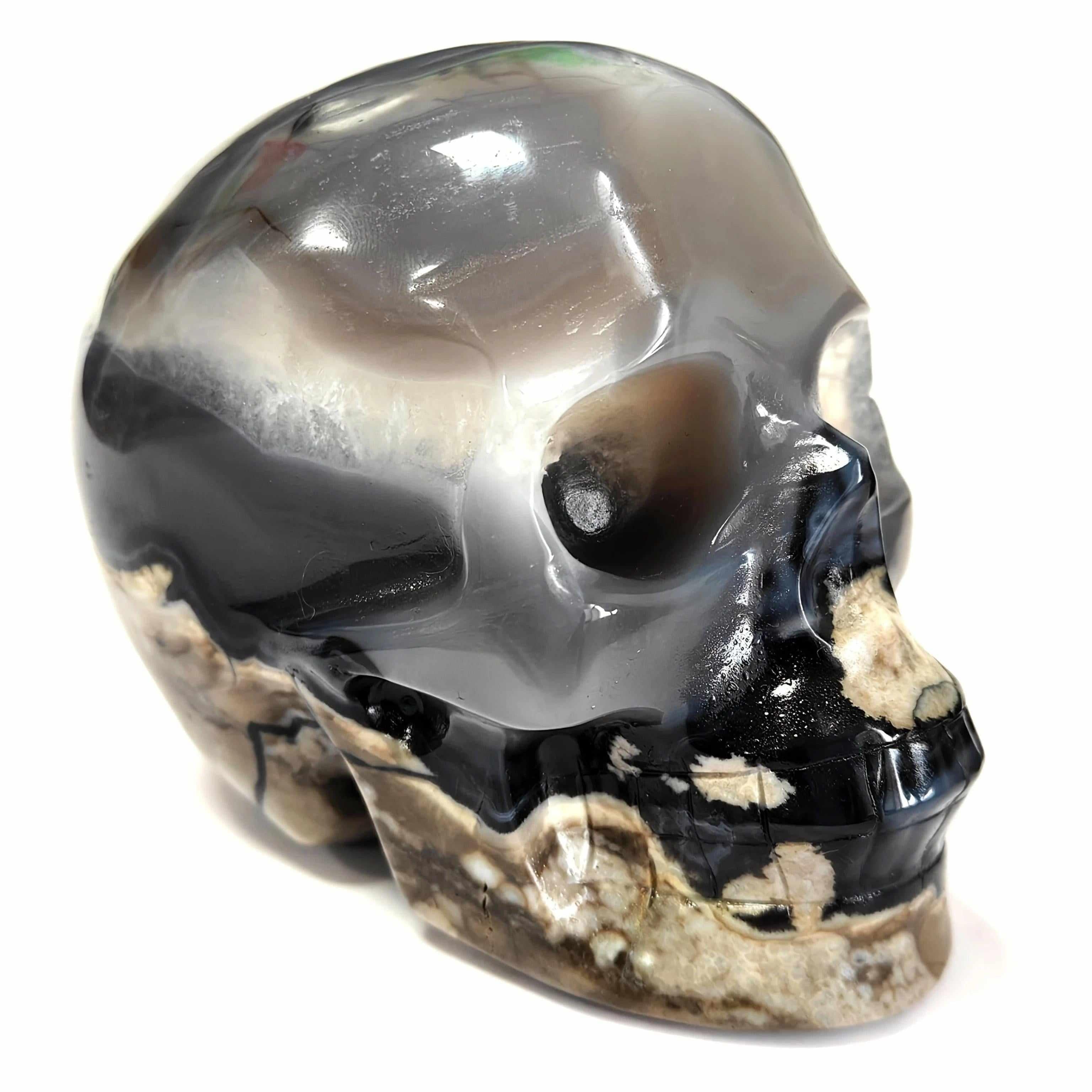 Volcano Agate Crystal Carved Skull with Green UV Glow – Crystal