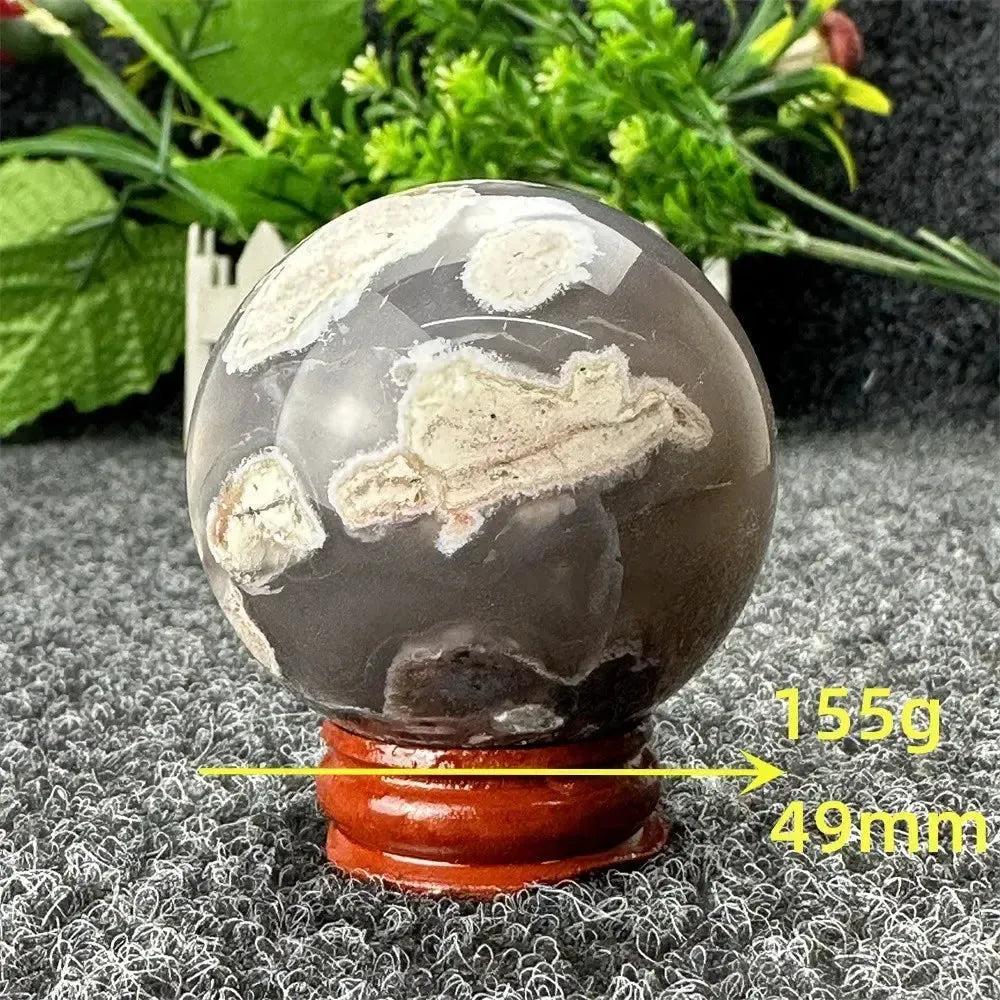 Volcano Agate sphere, 155g, 49mm, with fiery earth tones and dramatic patterns from Crystal Destiny.
