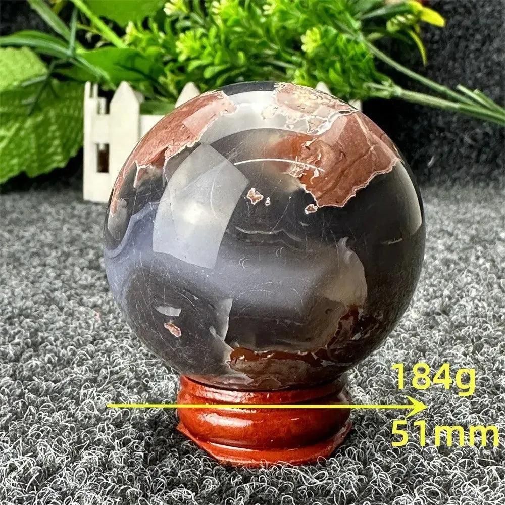 Polished Volcano Agate sphere from Crystal Destiny, 51mm, 184g, with fiery earth tones and grounding energy.
