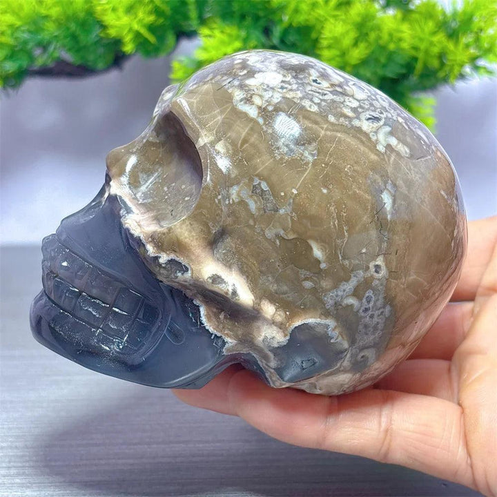 Hand-carved Volcano Agate and Calcite crystal skull featuring unique earthy patterns for healing and home decor.