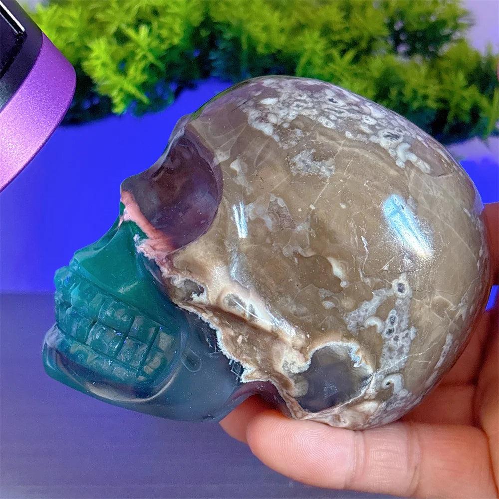 Hand-carved Volcano Agate and Calcite crystal skull, featuring earthy brown tones and healing energy for home decor.