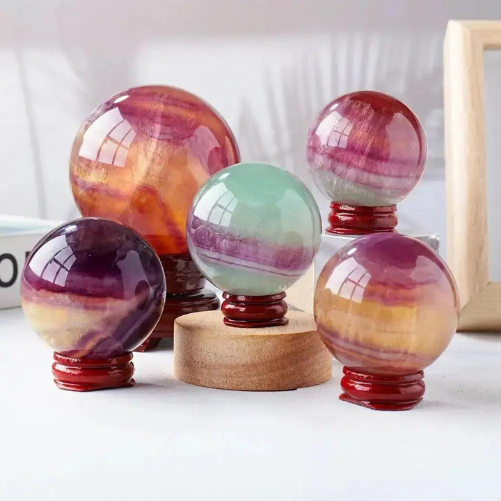 Watermelon Fluorite Crystal Spheres: vibrant green, lavender, and pink natural fluorite for mental clarity.