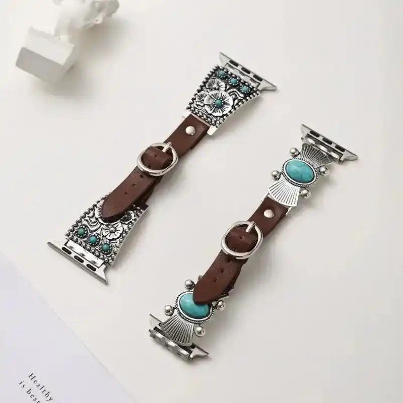 Western-style brown leather Apple Watch band with turquoise Howlite stones and silver accents from Crystal Destiny.