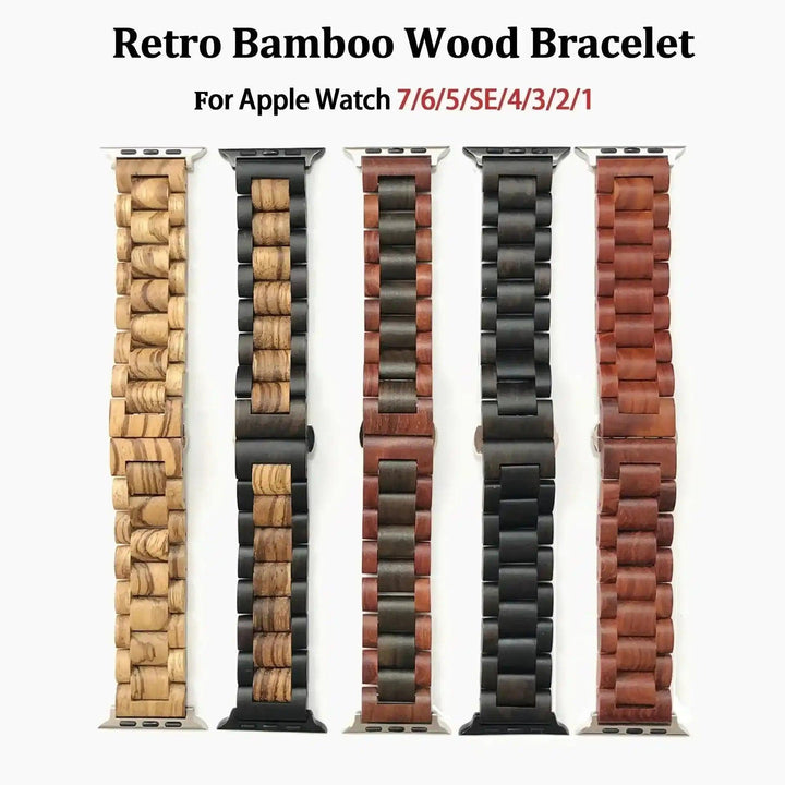 Five retro bamboo wood Apple Watch bands in light, dark, and reddish-brown tones, featuring a linked design.