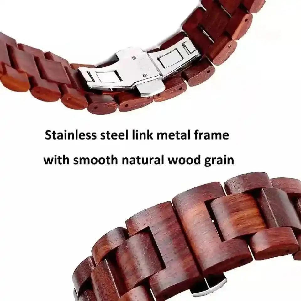 Handcrafted dark brown natural wood Apple Watch band with a silver stainless steel link clasp and smooth grain.