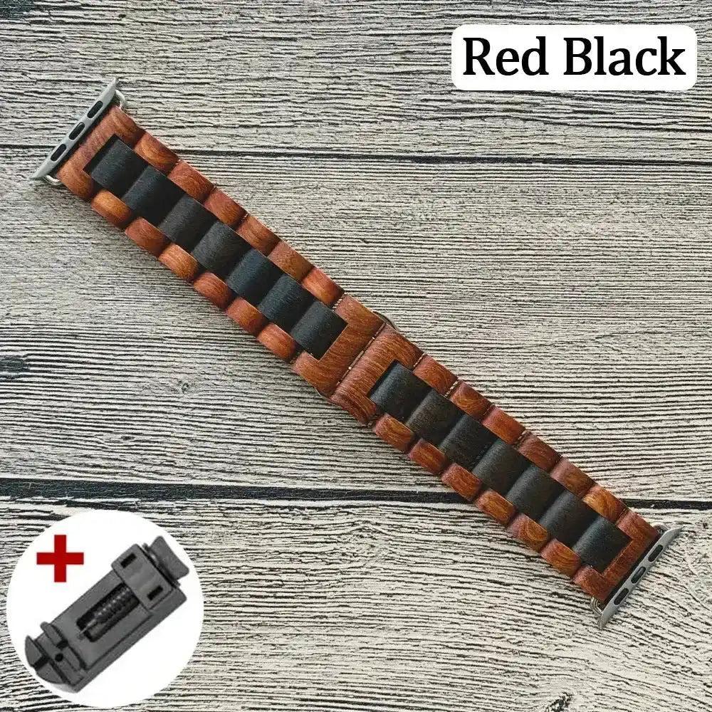 Handcrafted red-brown and black wooden Apple Watch band with a unique block design, shown with a link removal tool.