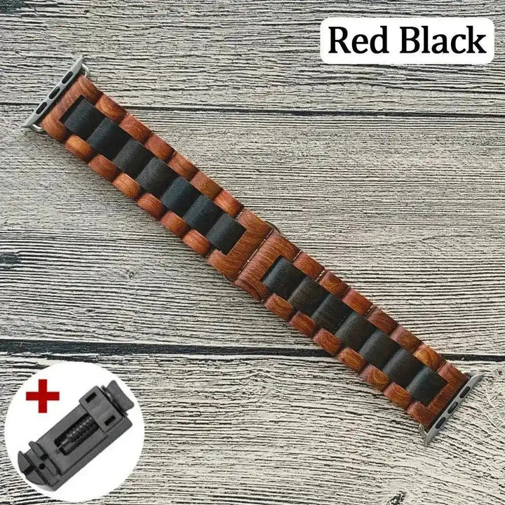 Handcrafted red-brown and black wooden Apple Watch band with a unique block design, shown with a link removal tool.