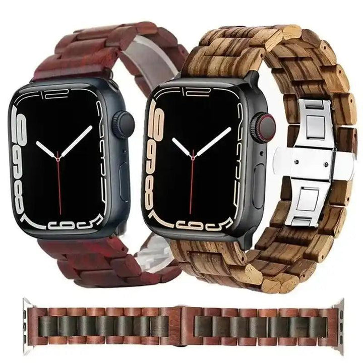 Two Apple Watches with handcrafted wooden bands: one dark brown, one light brown with distinct grain.