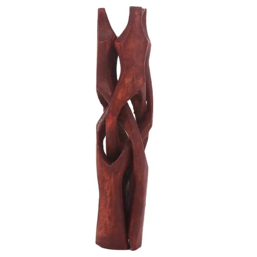 Dark brown natural wood tripod stand with organic, intertwined legs for crystal spheres or abalone shells.